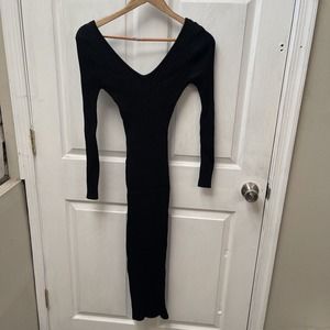 Hera Collection Size Medium‎ Dress Black Midi Long Sleeve Ribbed Knit V Neck